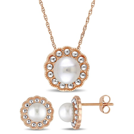 Miabella 5.5-7mm White Cultured Freshwater Pearl 10k Rose Gold 2-Piece Beaded Flower Earrings and Pendant Set
