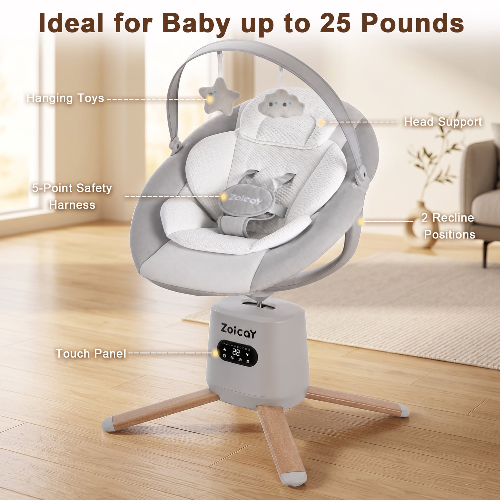 Zoicay Baby Swing with 5-Point Safety Harness, 8 Motions & 8 Speeds, 360° Rotatable Seat, Bluetooth & 6 Preset Melodies, App Remote Control, Gray