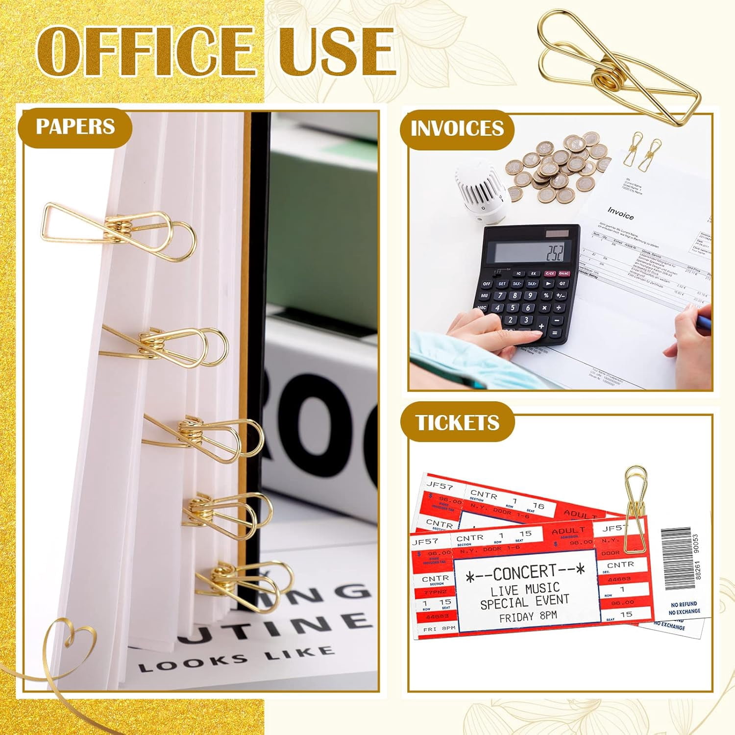 100 Pcs Paper Clips Metal Wire Hollow Out Clothespins Multi Purpose Utility Binder Clips Invoice Bill Stainless Steel Hanging Clothes Pins for Kitchen Outdoor Office (Gold)