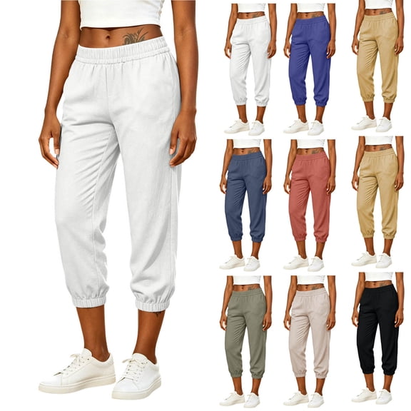 Axiiglly Capri Pants for Women Elastic High Waisted Cotton Linen Joggers Capris with Pockets Summer Lounge Cropped Pants White L