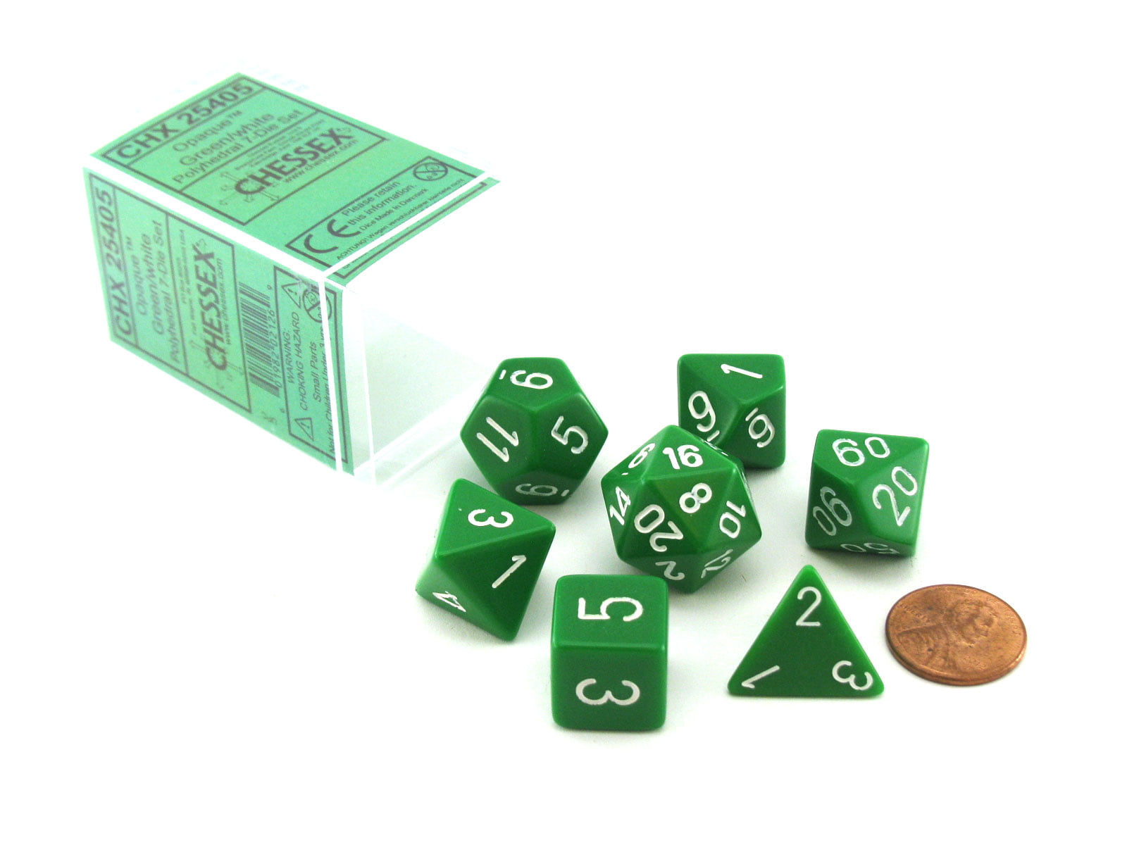 Polyhedral 7-Die Opaque Chessex Dice Set Green with White Numbers 