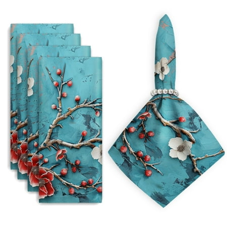 

Bahomeck Cloth Napkins Set Of 4 18*18 Inch Washable Polyester Napkins Dining Table Napkins Weddings Party Dinner Parties(Textured Painting Of Red And White Flowers On Turquoise Background)