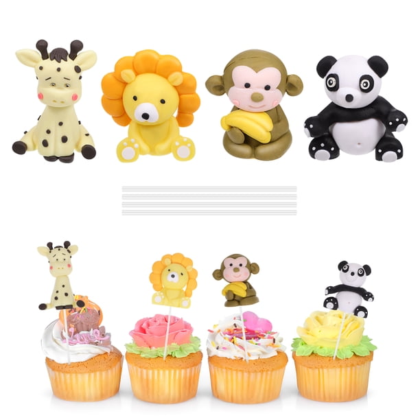 KAKOWELY 4 piezas de adornos para tartas de animales para cumpleaños infantiles (panda, león, mono, jirafa)