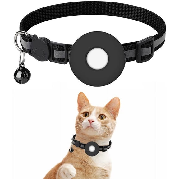 Airtag Cat Collar with Bell, Airtag Pet Collar with Waterproof Airtag Holder and Safety Buckle, Reflective Collar Compatible with Apple Airtag for Cats Small Dogs Kitten (Black)