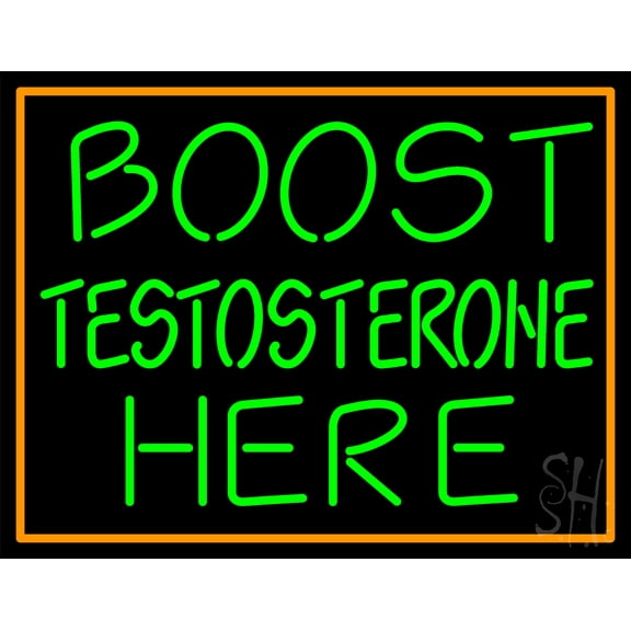 Orange Border Boost Testosterone Here LED Neon Sign 24 x 31 - inches, Black Square Cut Acrylic Backing, with Dimmer - Bright and Premium built indoor LED Neon Sign for Defence Force.