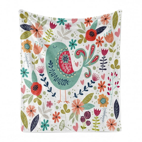 Folk Soft Flannel Fleece Throw Blanket, Cartoon of Ornate Bird with Abstract Flowers Print, Cozy Plush for Indoor and Outdoor Use, 70" x 90", Multicolor, by Ambesonne