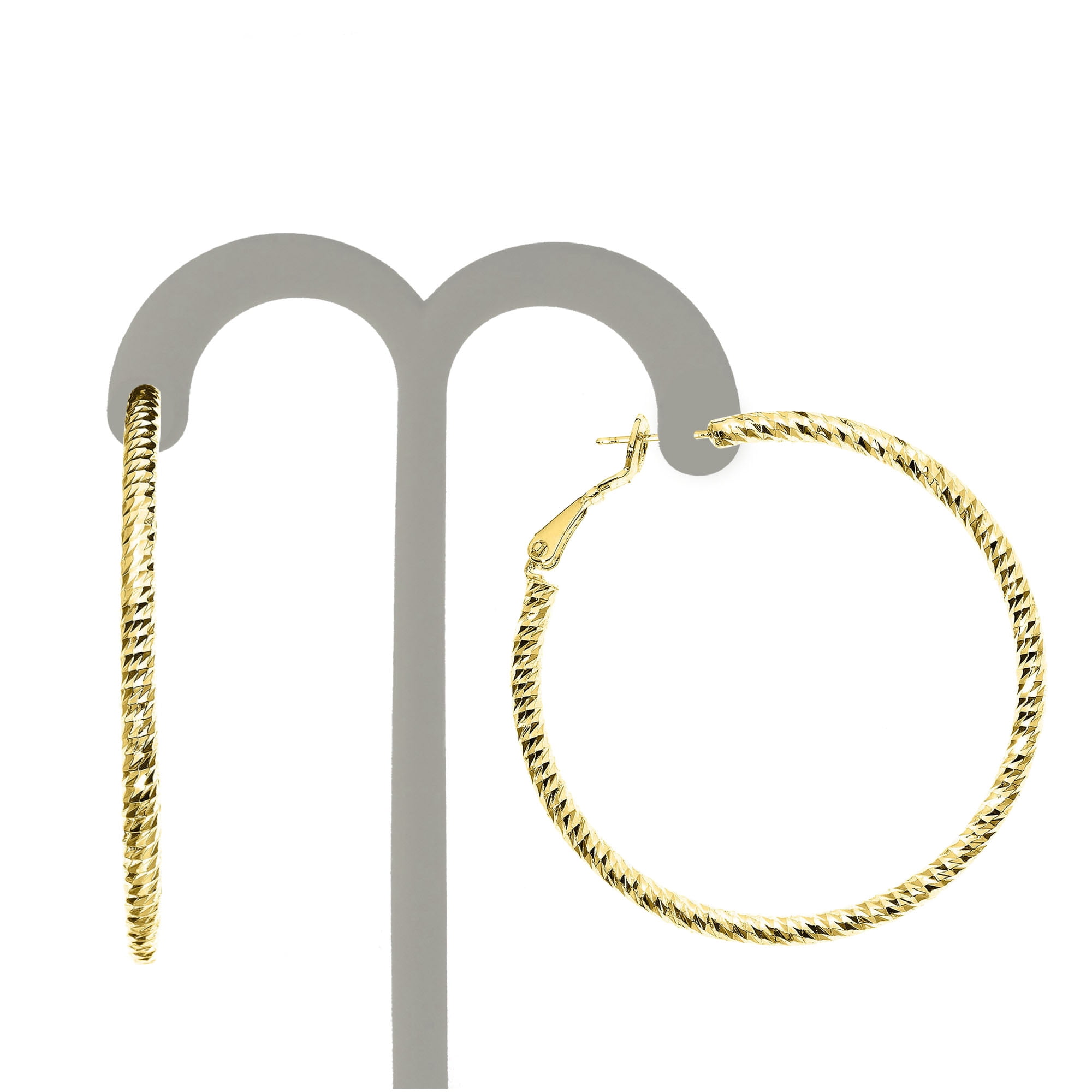 X & O Women's 14K Yellow Gold Plated 50mm Polished and Diamond Cut Hoop Earrings