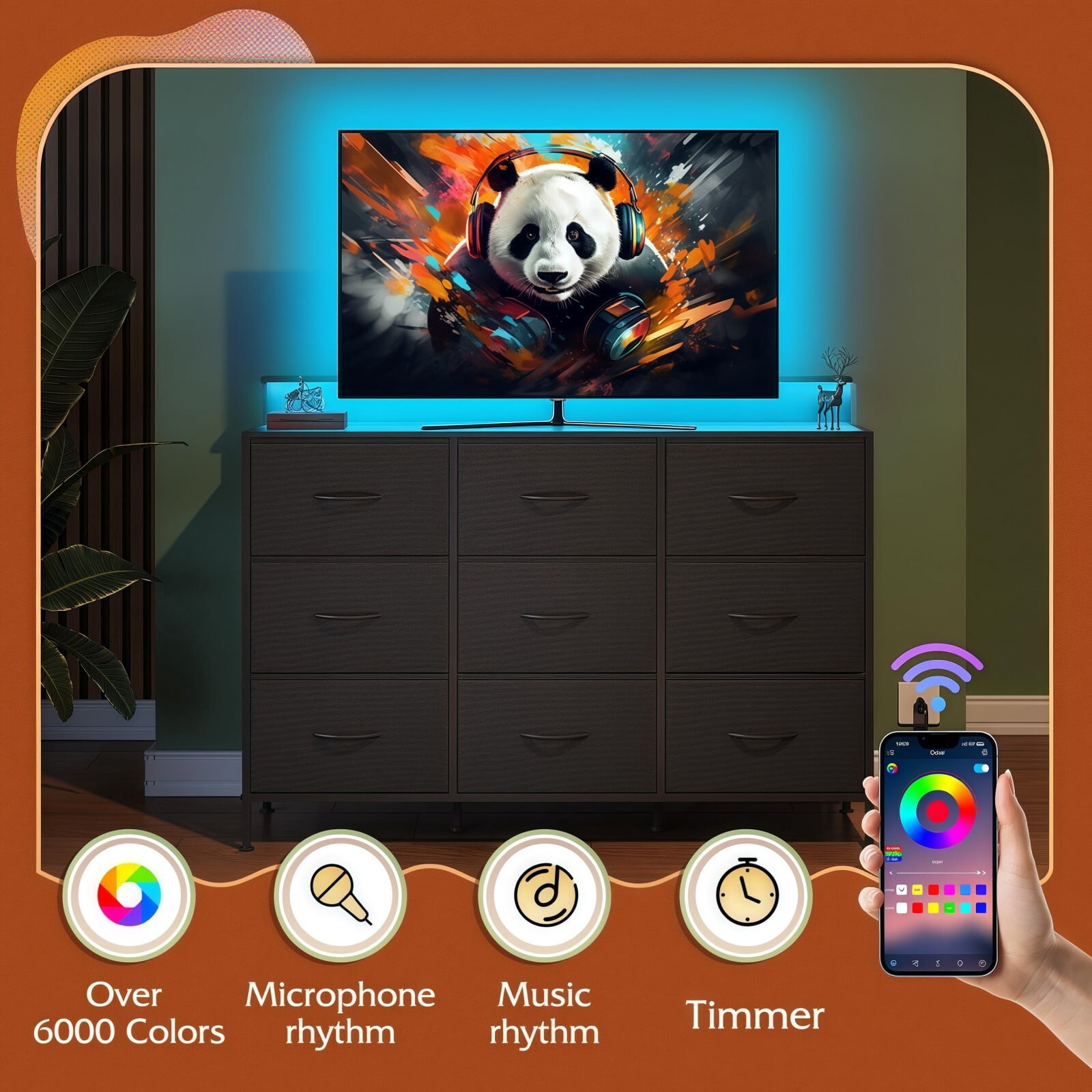 BEAUTYPEAK TV Stand Dresser with 9 Fabric Drawers LED Light AC USB-C Charging Station, Black