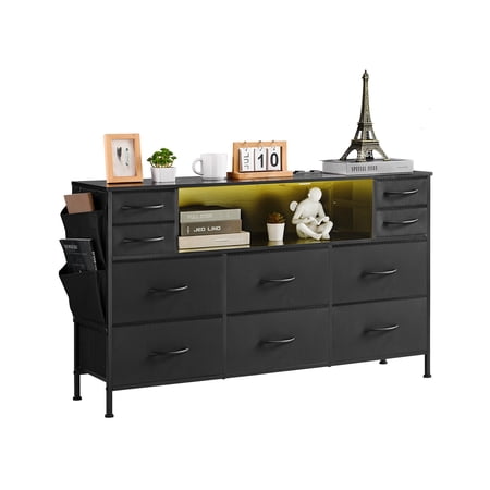 PERUYQ Fixwal Dresser for Bedroom with Power Outlets and LED Lights, Black 55" TV Stand with 8 Drawers, Fabric Chest of Drawers with PU Finish for Living Room, Entryway