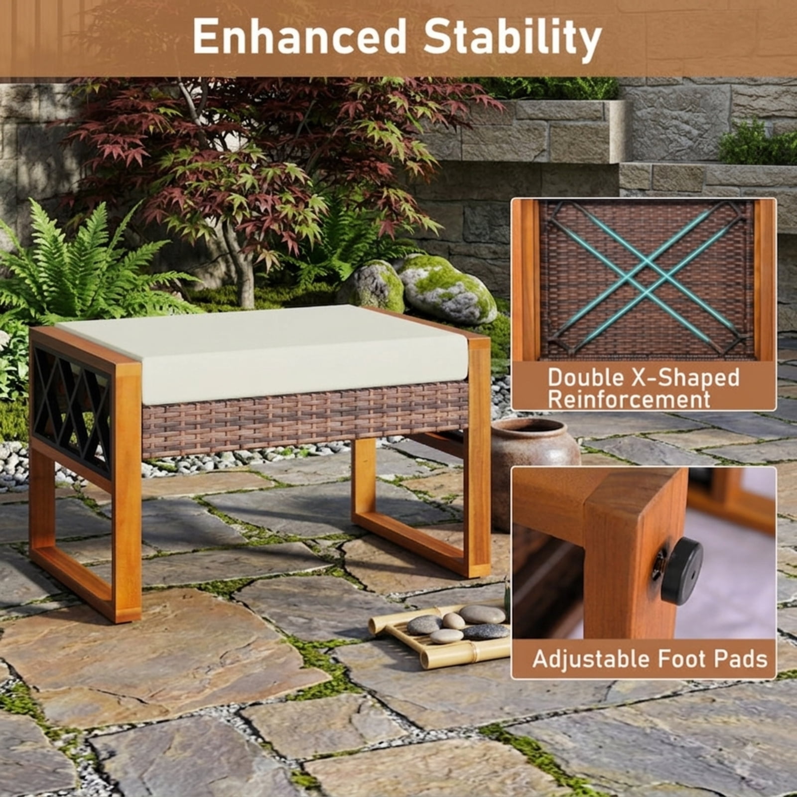 Furnibear PE Rattan Wicker Ottoman Set of 2, Outdoor Patio Footstool with Removable Cushions, Acacia Wood & Metal Frame for Garden Porch, 400 LBS, Beige