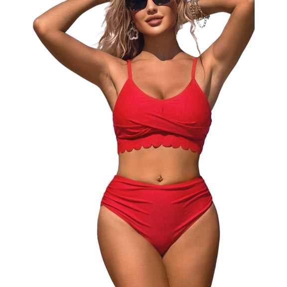 Attraco Curved Selvedge High Waisted Bikini Set Women Ruched Push Up 2 Piece Swimsuits Longline Bathing Suit