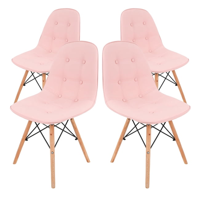 juego de sillas estilo eames de botones mirel rosa set de 4 sillas Eames tapizadas en vinipiel rosa con botones en asiento y respaldo, acolchado de espuma de alta densidad, patas de madera clara con estructura metálica cruzada negra, vista 3/4 sobre fondo blanco; aptas para comedor o escritorio y suelen usarse también en rincones de lectura.