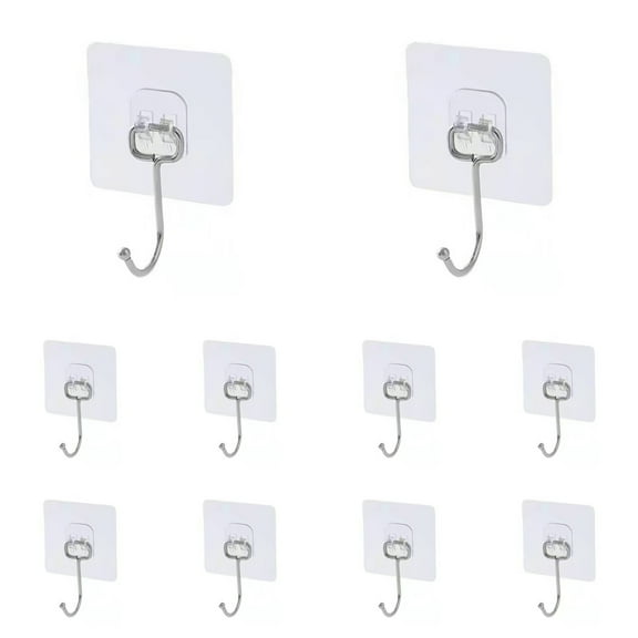 10PCS Large Adhesive Wall Hooks Heavy Duty - Hanging Up to 5Kg, Sticky Hooks No Damage, Self Adhesive Stainless Steel Stick on Hooks (Clear)