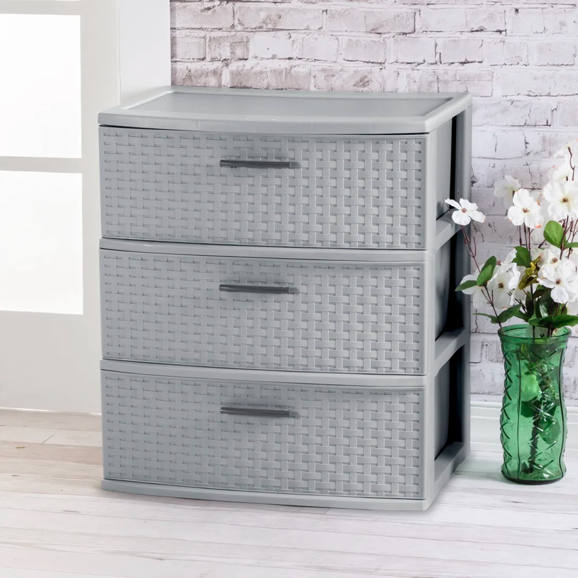 Sterilite 3 Drawer Wide Weave Plastic Storage Tower Home Organizer, Gray, 3 Pack