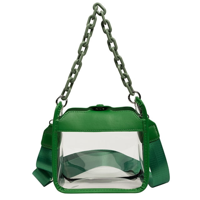 bolso transparente para mujer, bolso transparente aprobado para estadios, bandolera tipo hobo verde: vista frontal centrada de bolso mini 19 x 9 x 16 cm con paneles de PVC transparentes, borde y solapa en poliéster verde, cierre magnético, correa ancha ajustable de 120 cm y cadena corta decorativa; apto para conciertos y uso diario, también útil como cartera compacta.