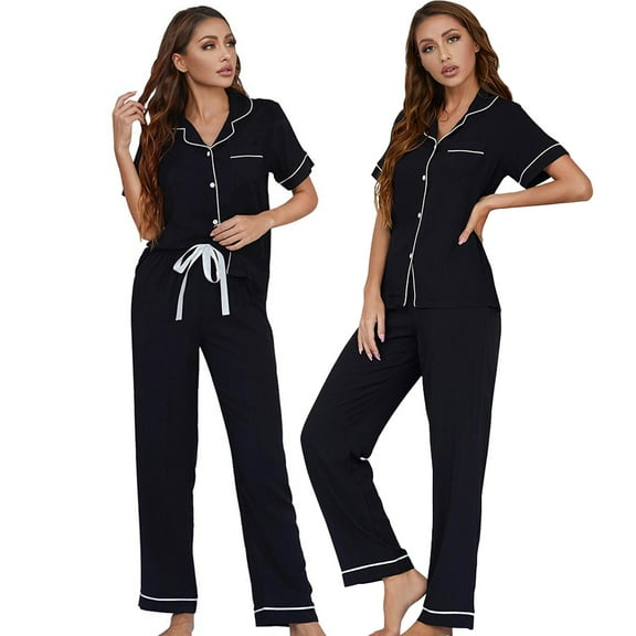 Zoeecloth Women’s 2Pcs Pajama Pjs Sets Short Sleeve Top with Shorts Pajama Long Pants Set Button down Soft Lounge & Sleepwear L-XL