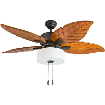Carved Dark Wood Prominence Home 50675-35 Patagonia Ridge Tropical 52-Inch Aged Bronze Indoor Ceiling Fan, LED Linen Fabric Shade, Dark Cherry Hand Carved Wood Blades ()