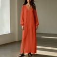 thumbnail image 6 of Women's Linen Blend Long Sleeve Maxi Dress with Side Slit Solid Color Loose Fit Beach Dress for Fall & Spring, 6 of 7