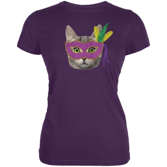 Mardi Gras Mask Funny Cat Purple Juniors Soft T-Shirt - Large