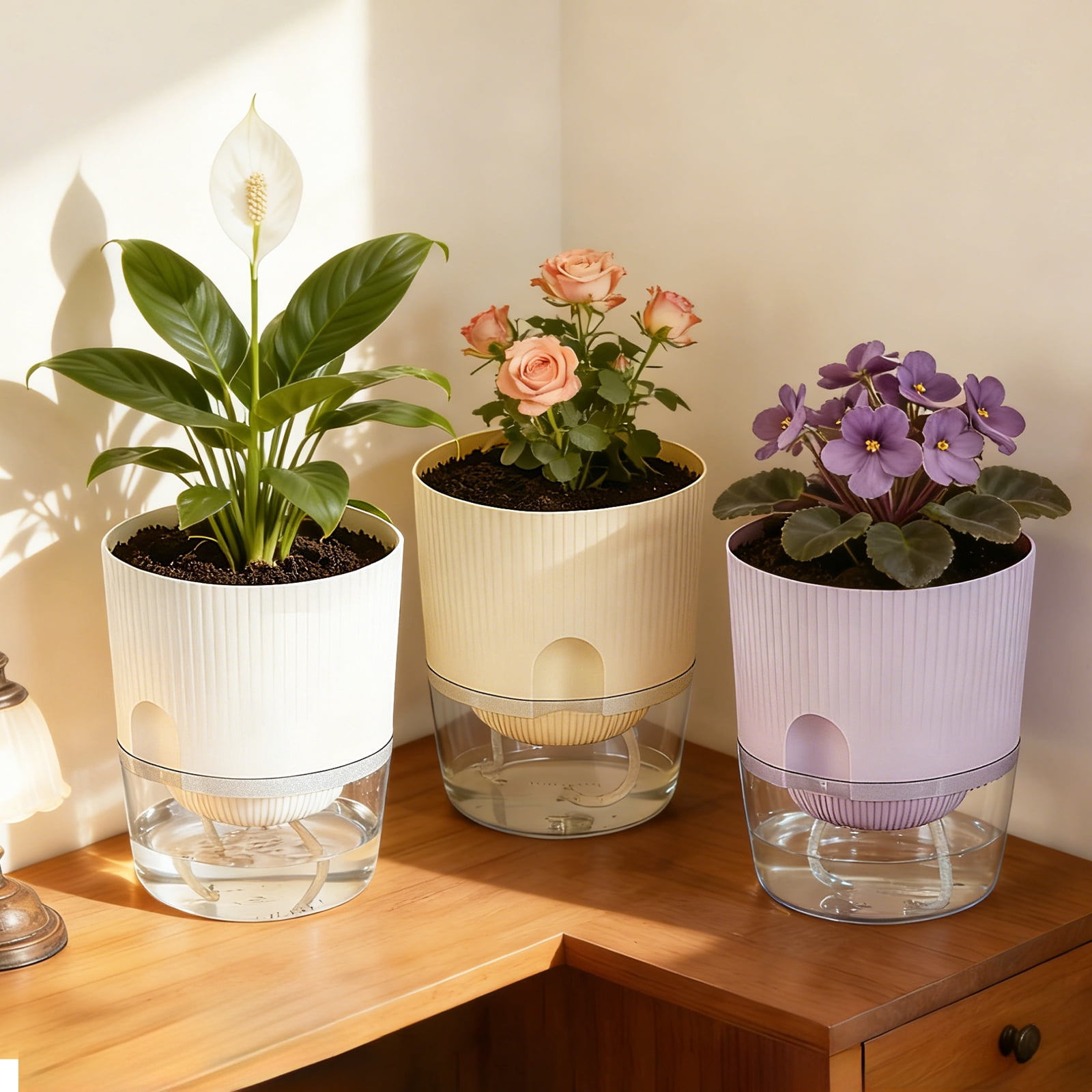 IWNTWY 5.7" Self Watering Pots, 4 Pack Plastic Planters with Deep Reservoir and Wicking Rope for Indoor Outdoor Plants