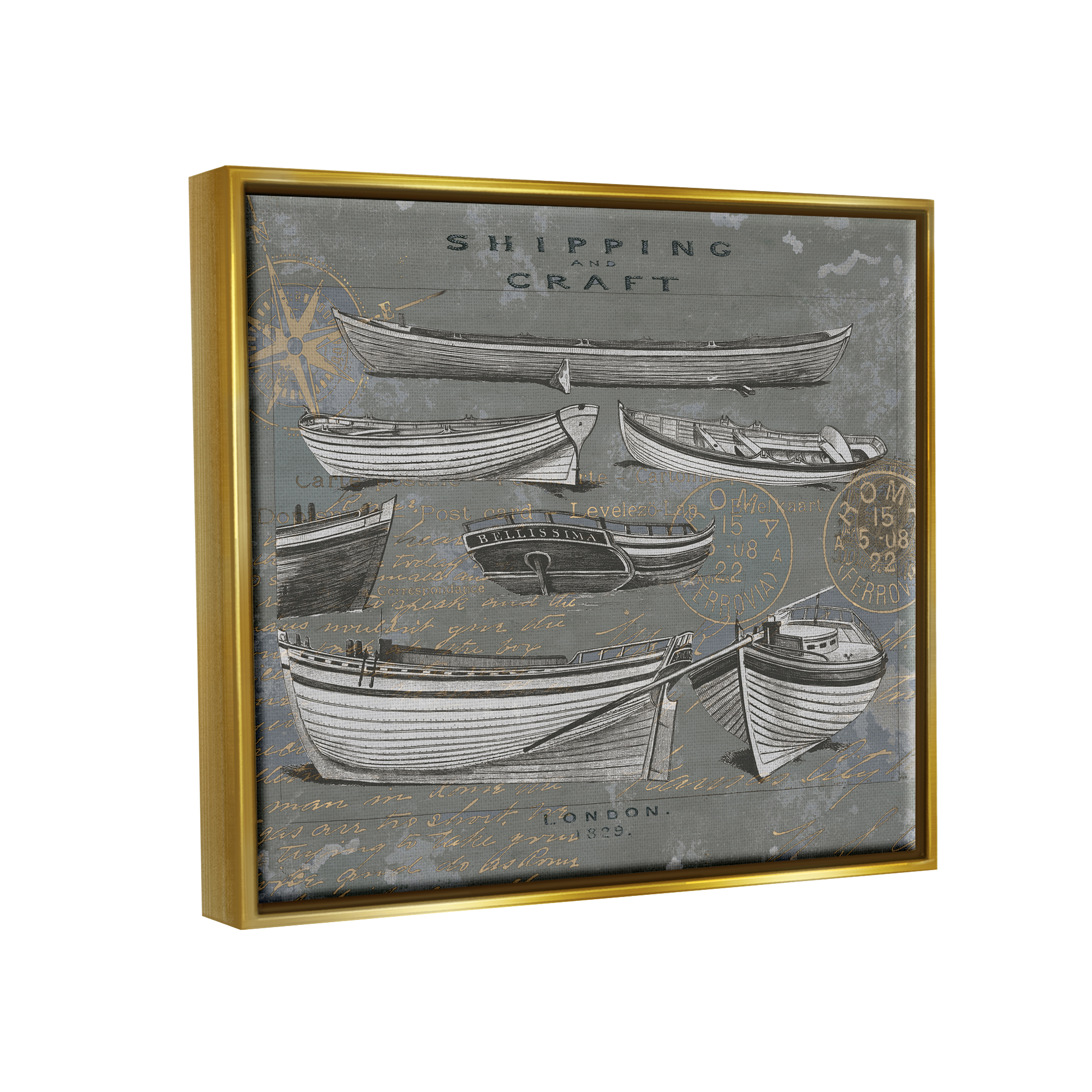 Stupell Shipping & Craft Various Boats Diagram Transportation Painting Gold Floater Framed Art Print Wall Art