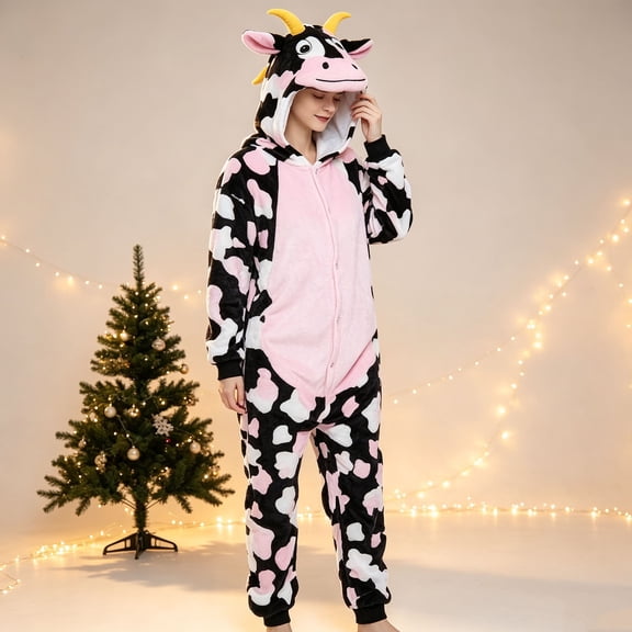 RTKFRFLM Girls Cow Onesie Pajamas Cute Flannel Plush Animal Hooded Jumpsuit One Piece Sleepwear Halloween Kids