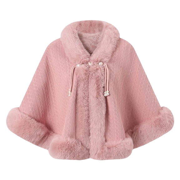 UTSJKR Cable Knit Faux Fur Trim Hooded Cape Poncho Pearl Tassel Closure Warm Wrap Shawl for Women Cold Season Outfit Pink