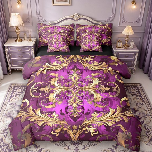 Manfei Retro Damask Print 7-Piece Twin Bedding Sets,Vintage Baroque Flower Bedding Comforter Set,Gold Purple Sheet Sets For Men Women,Super Cozy Room Decor Reversible