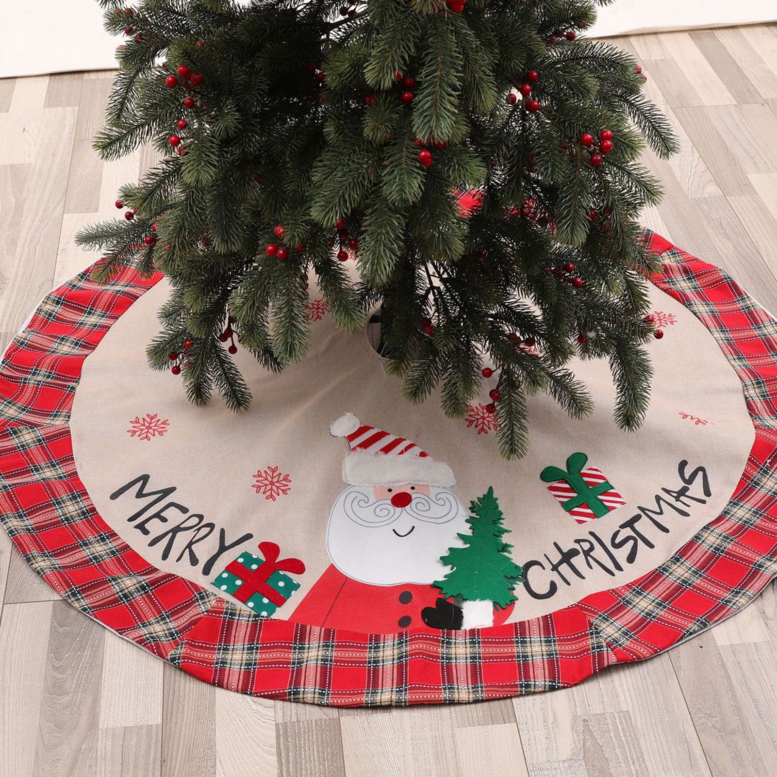 GROFRY 120cm Christmas Tree Skirt Red Plaid Edge Santa Claus Embroidery