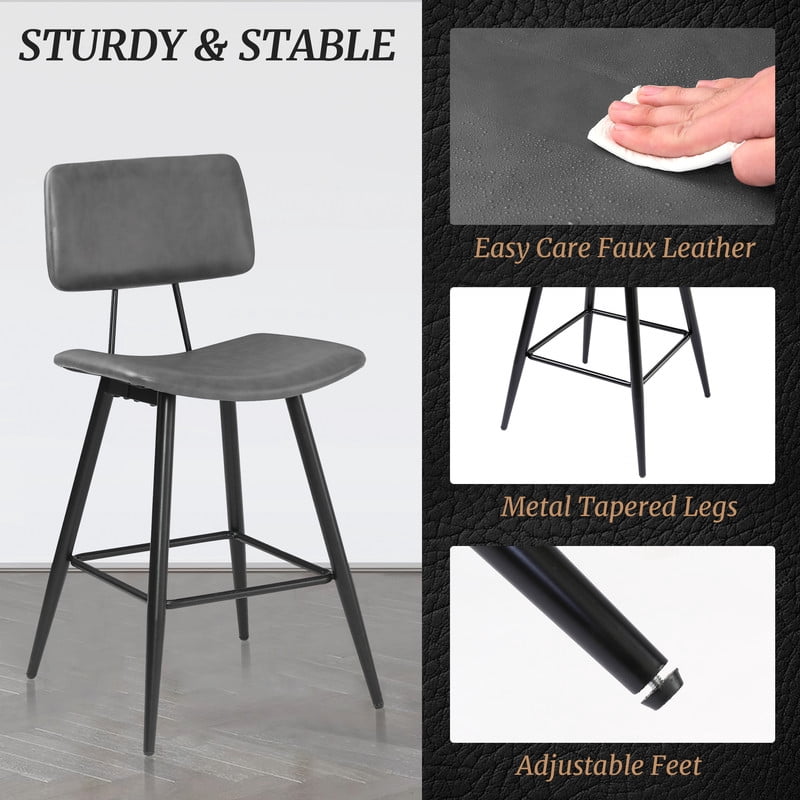 Dycanpo 24.5" Counter Height Bar Stools Set of 3, Faux Leather Upholstered Barstools, Gray