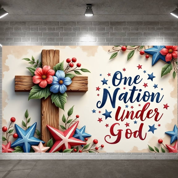 Red White Blue Patriotic Religious Display Floral Embellished Christian Patriotic Backdrop Wooden Cross Star Patterned One Nation Under God Banner for 4th of July Celebrations, Church Events, Home