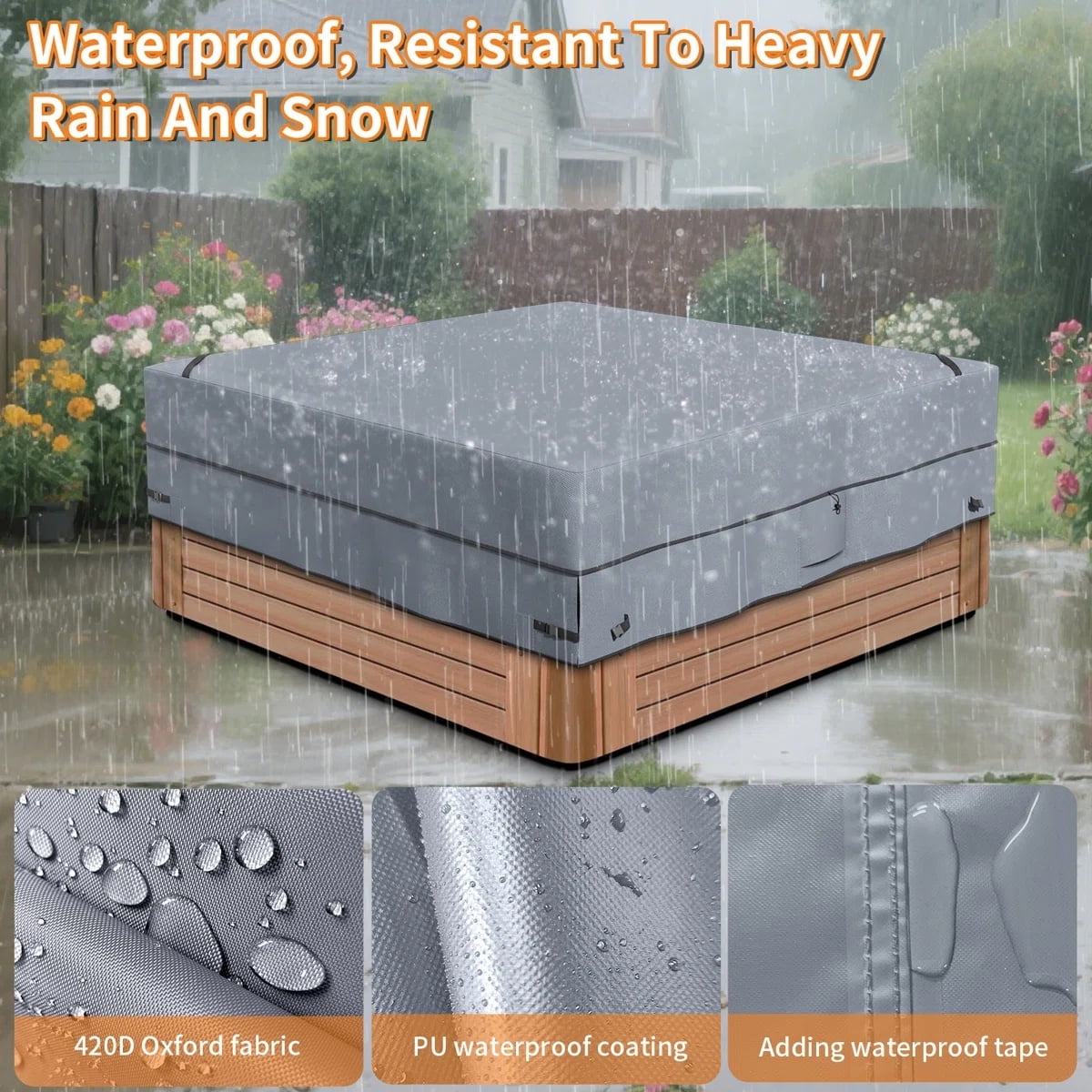 Outdoor Square Hot Tub Cover 86"x86", Waterproof & Anti-UV SPA Cover for Hot Tub with Super Windproof Straps, Gray