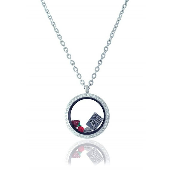 BG247 Stainless Steel Floating Adjustable Locket Necklace with Matching Chain (Twist Silver Rhinestone Circle)