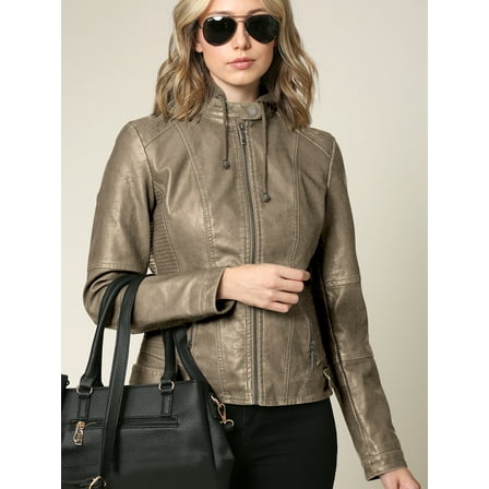 Made by Johnny Women's Faux Leather Quilted Motorcycle Jacket with Hoodie XXL KHAKI
