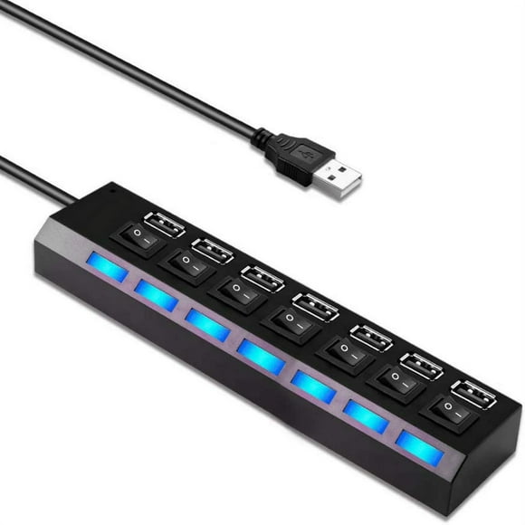 Concentrateur USB 2.0 à 7 Ports, Ultra Mince, Portable, Concentrateur de Données, Commutateurs d'Alimentation Individuels à DEL, Compatibles avec Tous les Systèmes Windows/Linux/Mac/