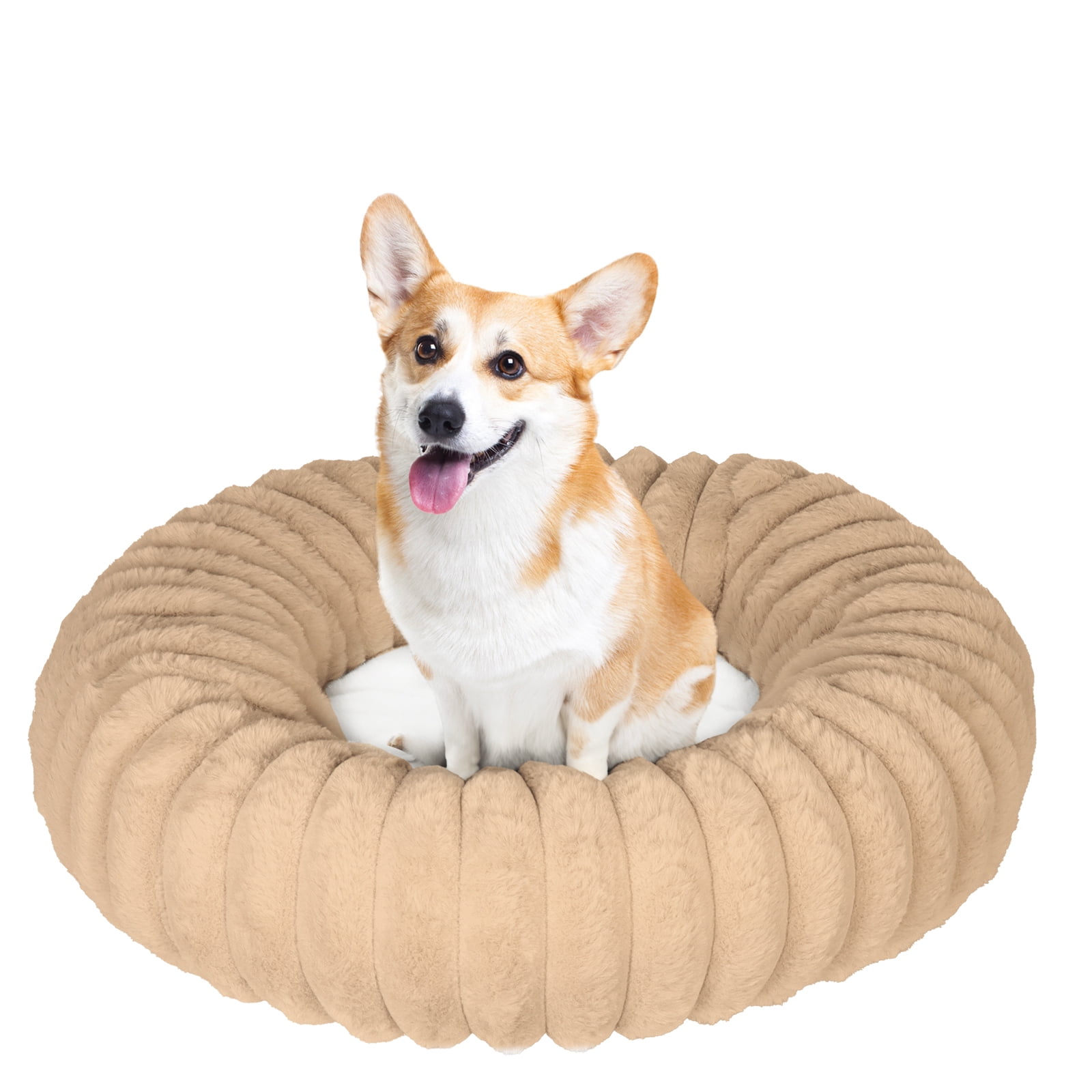 Katieovy Donut Dog Beds for Large Dogs,Fluffy Calming Dog Beds with Non-Slip Bottomm,28 x 28 inch Washable Round Dog Cat Beds,Apricot