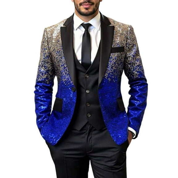 YLSDY Men Sequin Shiny Prom Suit Jacket Sparkly One Button Slim Fit Sport Coats Blazers Tuxedo for Wedding Banquet Party Blue XL