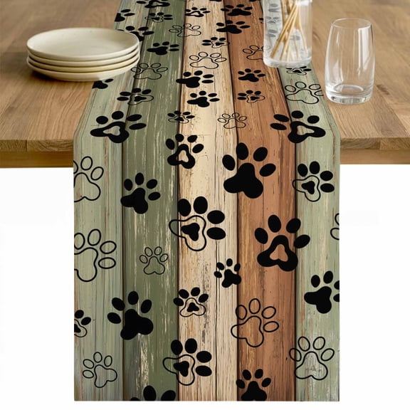 Sage Green Brown Table Runner - 48 Inch Long Farmhouse Dog Paw Vintage Cotton and Linen Blended Dress Scarves Farmhouse Table Runner for Kitchen Dining, Coffee Table, 13" x 48"