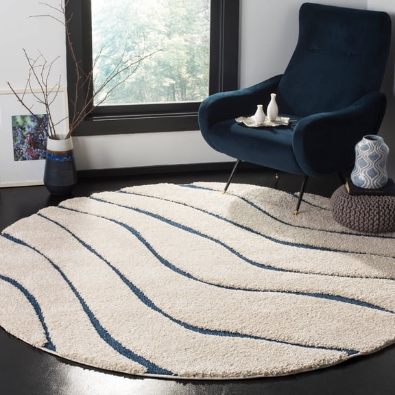 SAFAVIEH Florida Tabitha Geometric Waves Shag Area Rug, Cream/Blue, 6'7" x 6'7" Round