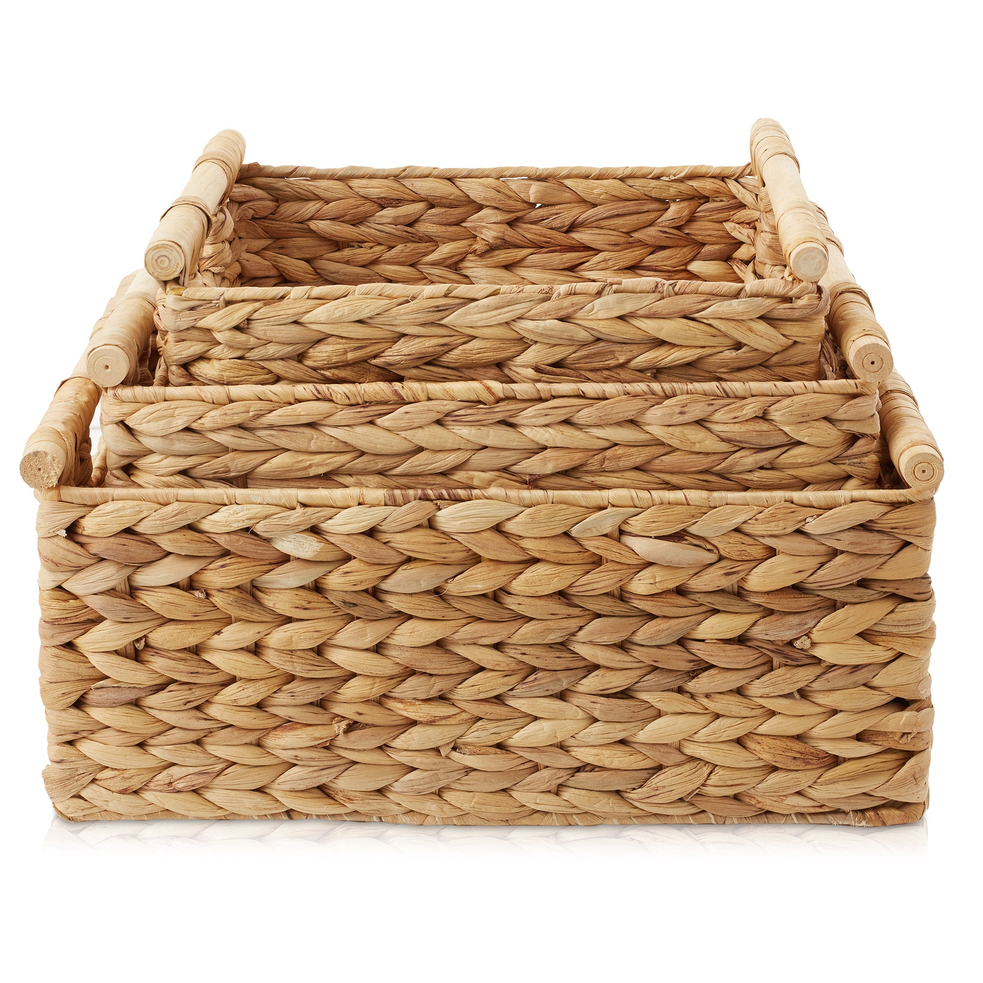 Casafield (Set of 3) Water Hyacinth Rectangular Storage Baskets with Wooden Handles - Small, Medium, Large Woven Nesting Baskets
