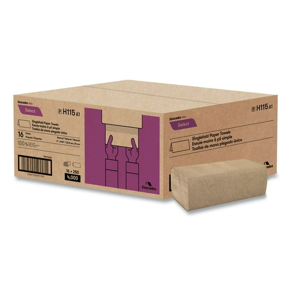 Cascades PRO Select Folded Paper Towels, Single-Fold, 9 x 9.45, Natural, 250/Pack, 16/Carton