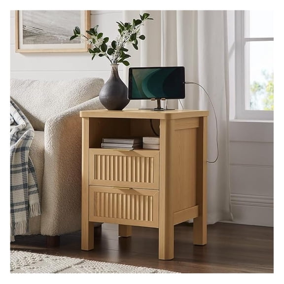 Fluted Night Stand with Charging Station, 23" Modern 2 Drawers End Table, Nightstand Set of 2 with Curved Profile Design, Bed Side Table for Bedroom, Living Room, Natural Oak (1-Pack)