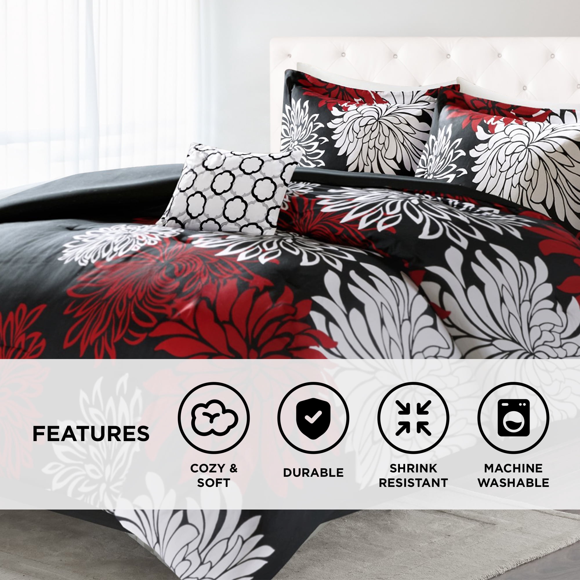 Comfort Spaces Queen Size Comforter Set, 5-Piece Floral Bedding Set for All Season, Red/Black Queen Comforter Set with Bed Skirt