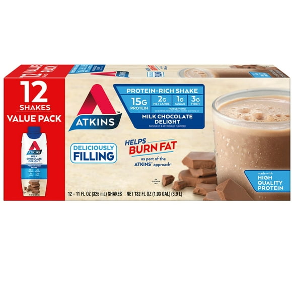 Atkins Milk Chocolate Delight Protein Shake, High Protein, Low Carb, Low Sugar, Keto Friendly, Gluten Free, 12 Ct
