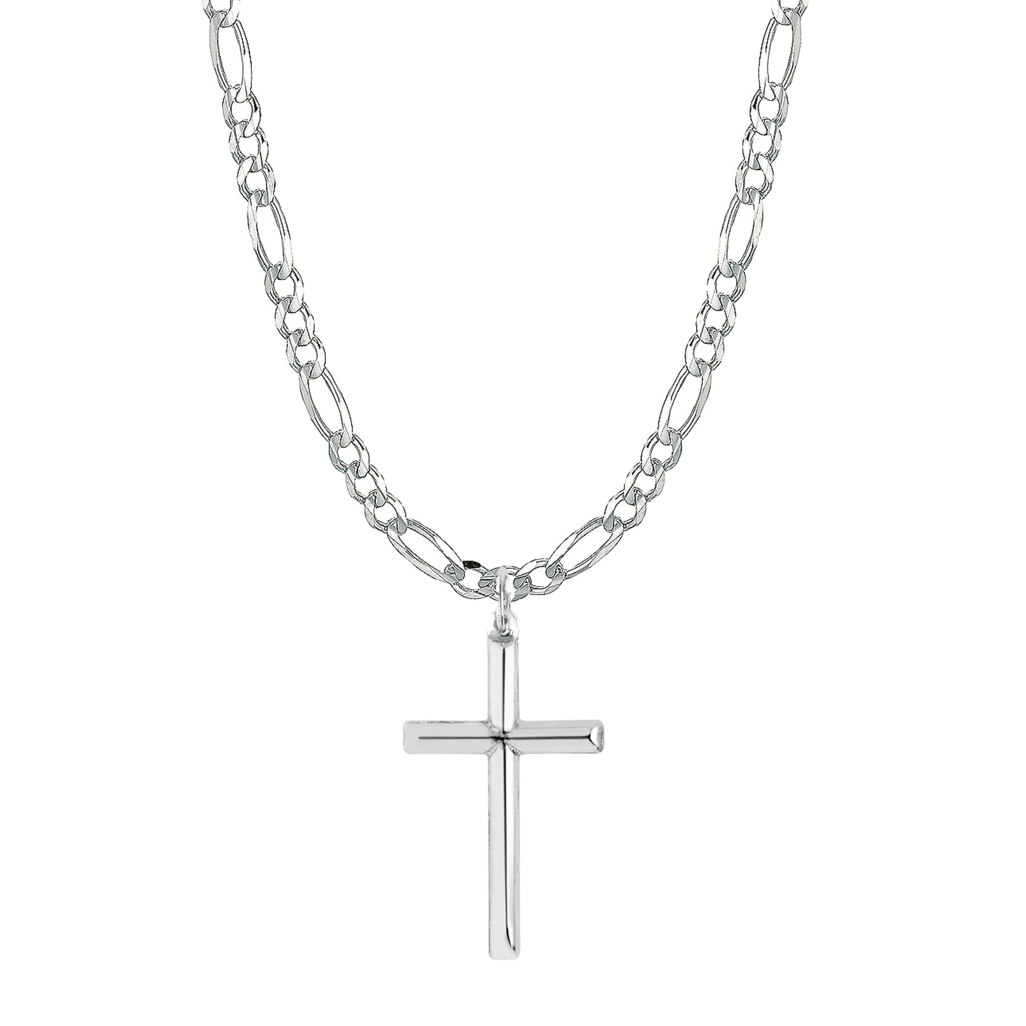 Ritastephens Tubular Hypoallergenic 925 Sterling Silver Cross Pendant Necklace with 20” Italian Figaro Chain