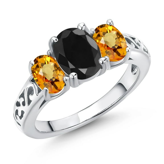 Gem Stone King 925 Sterling Silver Black Sapphire and Yellow Sapphire Filigree Style 3 Stone Ring for Women (2.89 Cttw, Oval 8X6MM and 6X4MM) (Size 7)