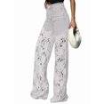 thumbnail image 2 of Women Baggy Lace Patchwork Hollow Out Denim Pants High Rise Wide Leg Floral Cutout Floor Length Jeans White S, 2 of 8