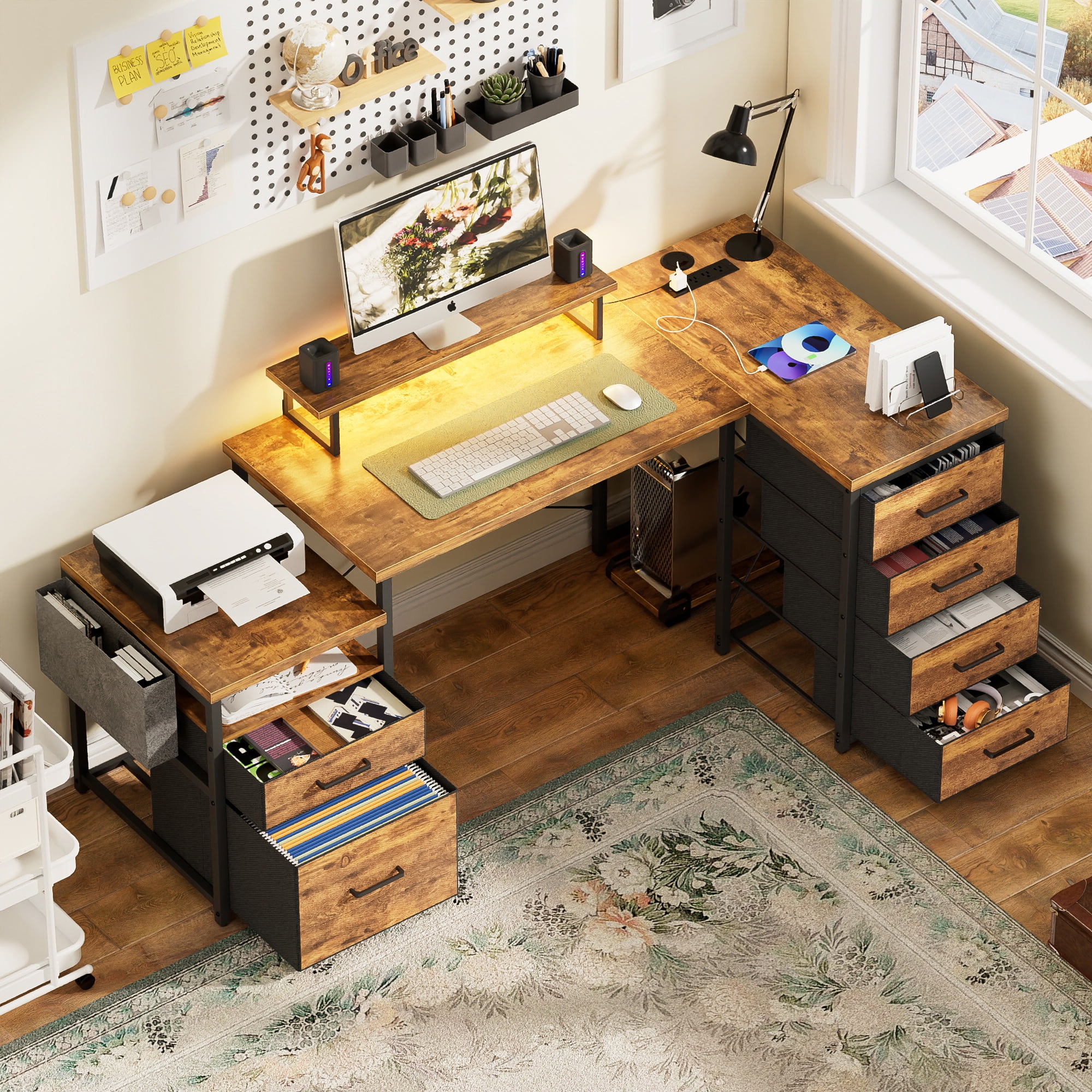 Homieasy Reversible L Shaped Computer Desk with Fabric File Drawers, 70.8" Large Office Desk with RGB LED Lights & Power Outlets & Monitor Stand & CPU Stand, Sturdy Corner Gaming Desk, Rustic Brown