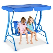 Gymax Kids Patio Porch Bench Swing w/ Safety Belt Canopy Outdoor Furniture Blue