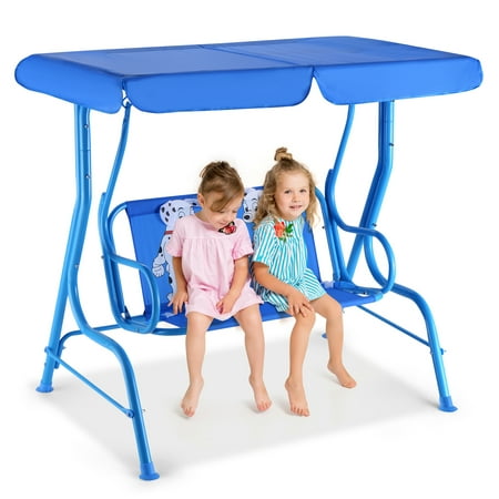 Gymax Kids Patio Porch Bench Swing w/ Safety Belt Canopy Outdoor Furniture Blue
